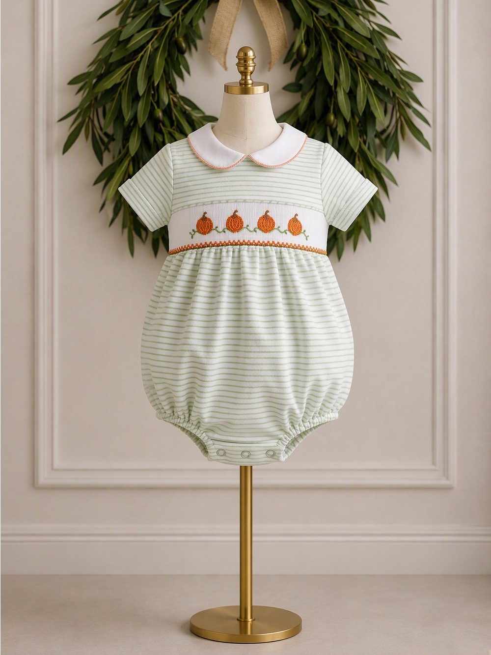 Petit Bebe Green White Stripe Smocked Pumpkins One Piece Romper